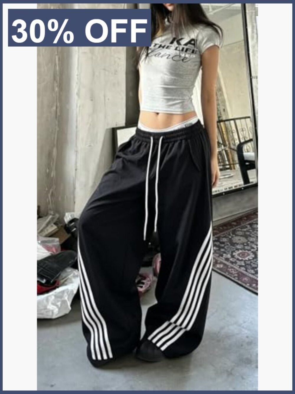 Y2K Striped Barrel Sweatpants Baggy High Waisted Wide Leg Joggers with - Picture 4 of 7
